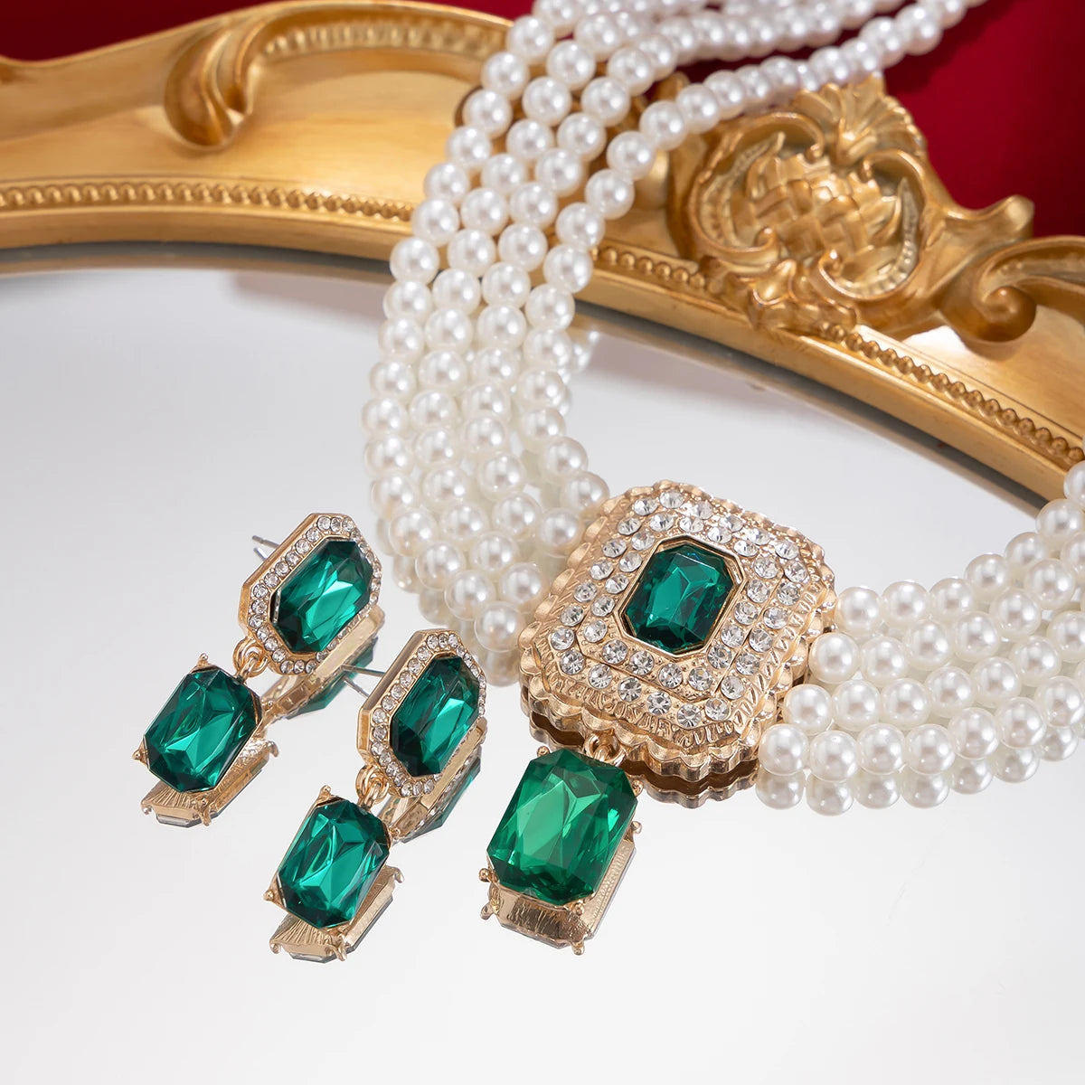 Collier à Double Couche et Boucles d'Oreilles en Perle