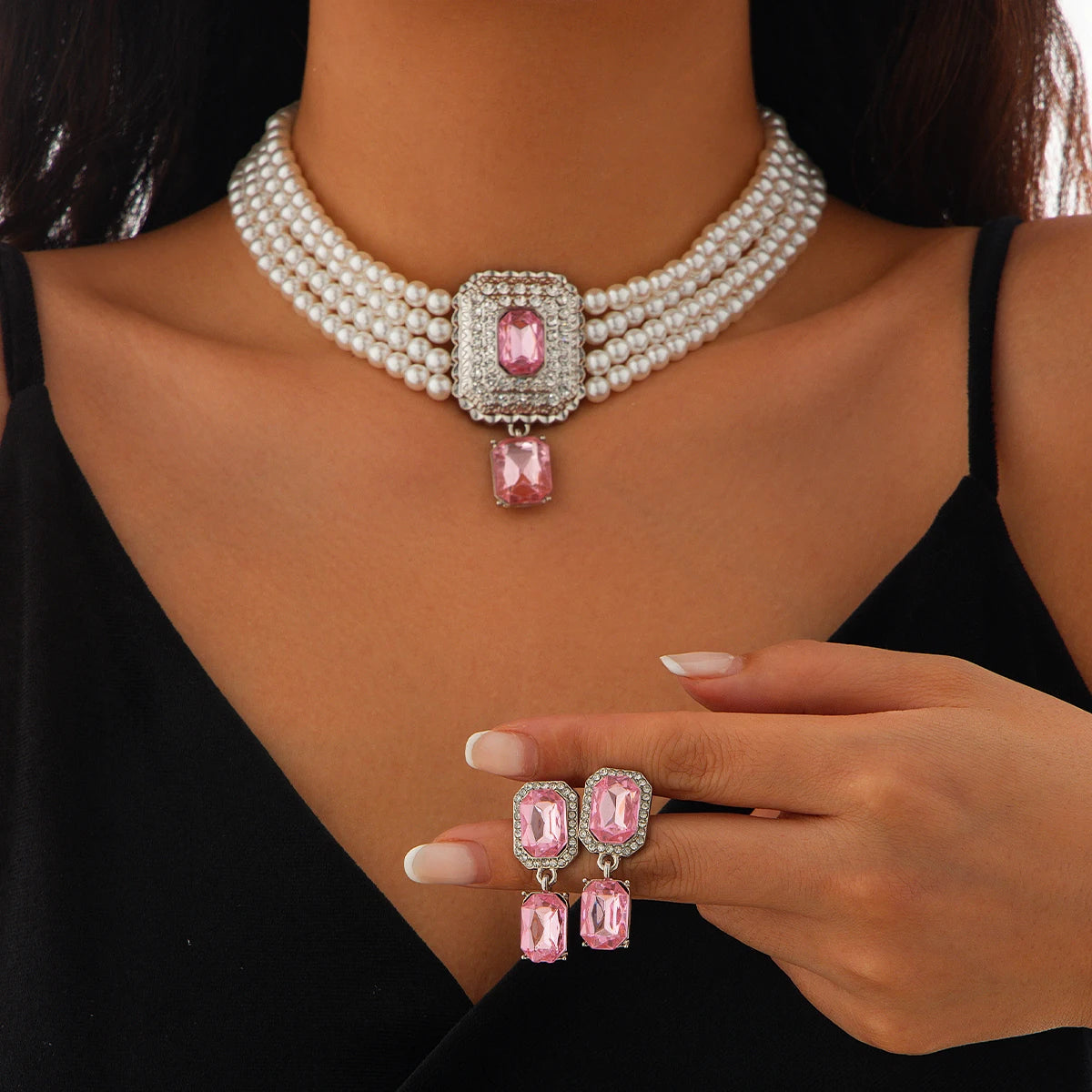 Collier à Double Couche et Boucles d'Oreilles en Perle